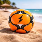 Orange and black beach soccer ball with lightning logo placed on sandy beach near ocean – official sand football by New Sports Wears