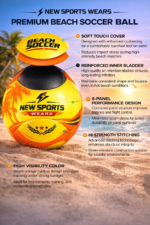 Premium beach soccer ball by New Sports Wears placed on golden sand near ocean – official size sand football