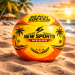 Close-up of beach soccer ball showing stitched panels and soft touch surface for sand play