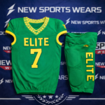 Green and yellow American football uniform set with jersey and padded pants by New Sports