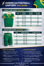 American football uniform size guide chart showing jersey and pants measurements in inches by New Sports Wears