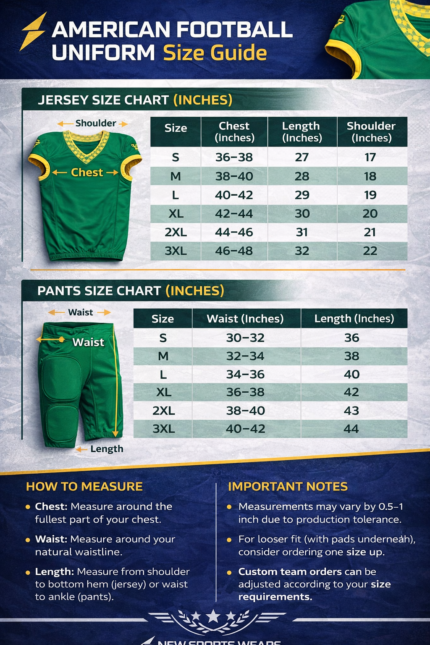 American football uniform size guide chart showing jersey and pants measurements in inches by New Sports Wears