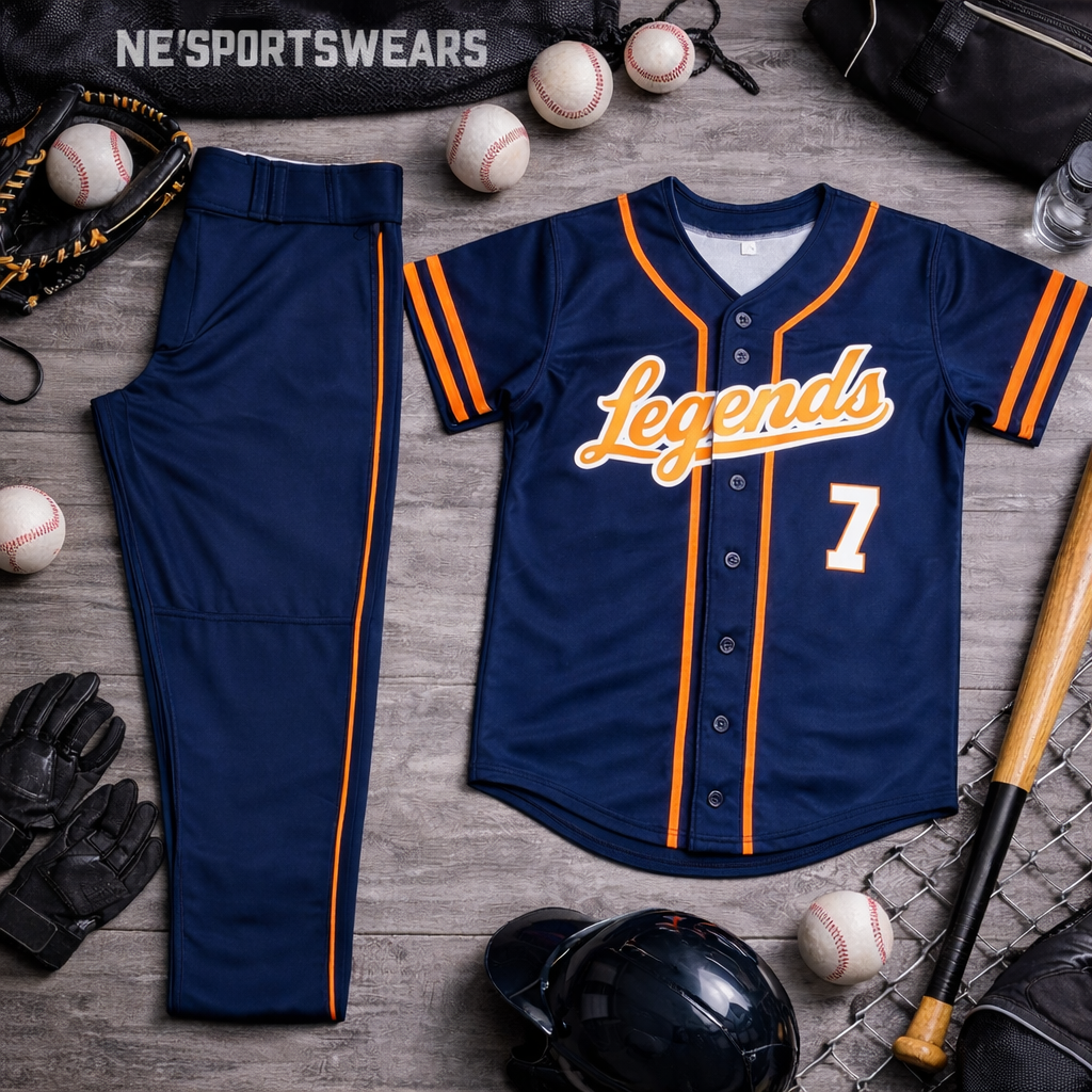 Navy baseball kit jersey and pants set with orange piping by NewSportsWears Navy baseball kit jersey and pants set with orange piping by NewSportsWears
