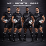 Custom black rugby uniform kit front view by New Sports Wears manufacturer