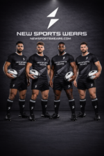 Custom black rugby uniform kit front view by New Sports Wears manufacturer