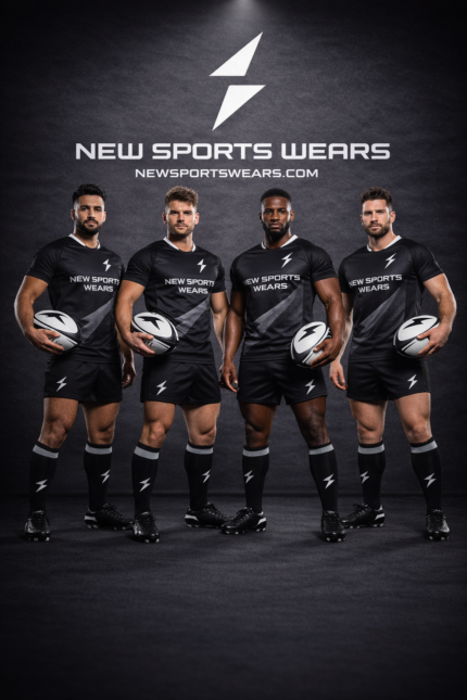 Custom black rugby uniform kit front view by New Sports Wears manufacturer