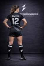 Back view of women rugby uniform with custom name and number printing