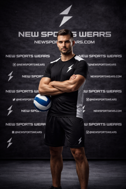 Men’s custom volleyball uniform front view – black jersey and shorts set by New Sports Wears