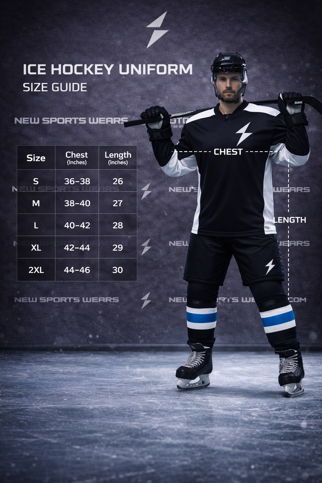 Front view of professional ice hockey uniform Ice hockey uniform size guide chart
