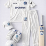 Professional cricket uniform kit with jersey trousers bat gloves and cap