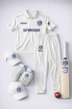 Professional cricket uniform kit with jersey trousers bat gloves and cap