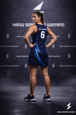Women netball team uniform back view with player number and lightning design