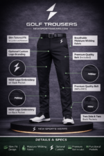 Black premium golf trousers by New Sports Wears golf trousers manufacturer