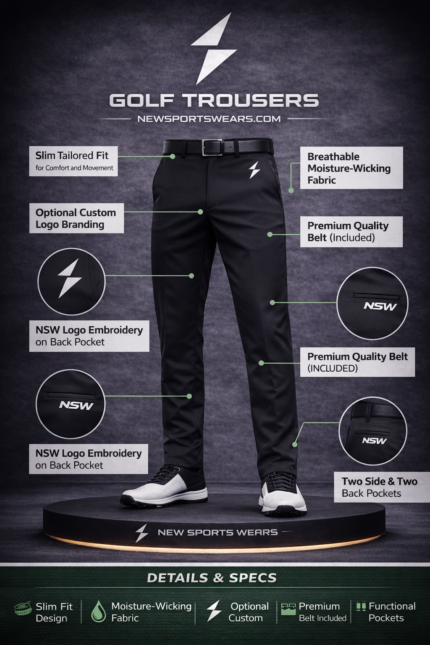Black premium golf trousers by New Sports Wears golf trousers manufacturer