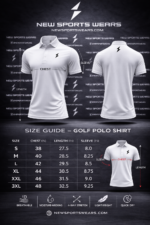 Golf polo shirt size guide chart with chest length and sleeve measurements