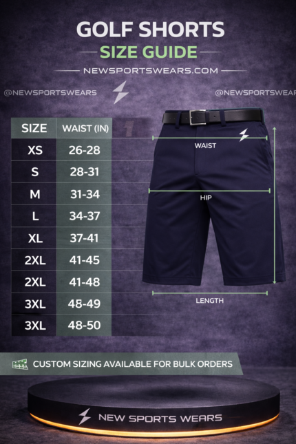 Women golf shorts size guide chart with waist hip and length measurements