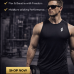 Men sleeveless gym tank black muscle fit workout shirt front view