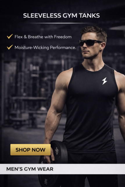 Men sleeveless gym tank black muscle fit workout shirt front view