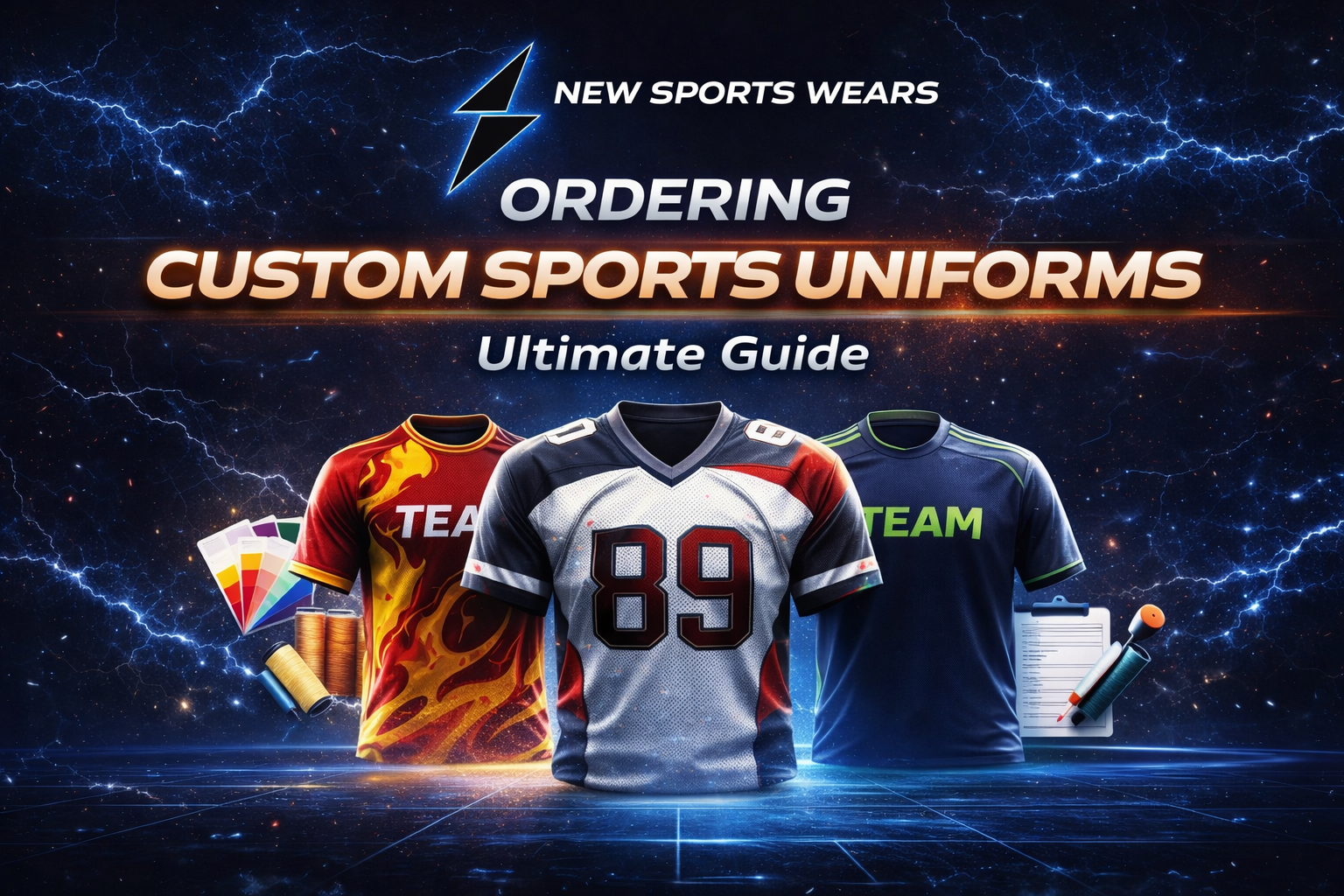 Custom sports uniforms guide cover image showing team jerseys, fabric options, and design process for professional sportswear manufacturing