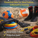 beach sports equipment including sand socks soccer ball volleyball and training gear on sand