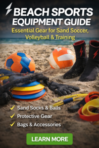 beach sports equipment including sand socks soccer ball volleyball and training gear on sand
