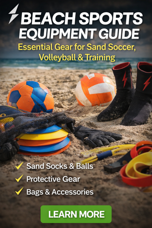 beach sports equipment including sand socks soccer ball volleyball and training gear on sand