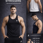 Black workout stringer for men front view athletic gym tank top