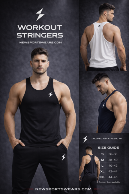 Black workout stringer for men front view athletic gym tank top