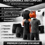 Best gym wear fabrics for performance and comfort featuring premium black and white gym apparel, custom sportswear sets, breathable activewear, and Newsportswears.com branding.