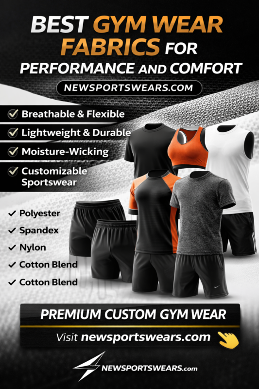 Best gym wear fabrics for performance and comfort featuring premium black and white gym apparel, custom sportswear sets, breathable activewear, and Newsportswears.com branding.