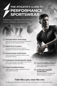 performance sportswear guide showing athlete in compression wear with tips on fabric technology fit durability and training performance