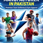 Custom sportswear manufacturer promotional banner by Newsportswears featuring athletes in football, basketball, cricket, volleyball, and fitness apparel with blue lightning logo and bold headline about custom sportswear manufacturing in Pakistan.