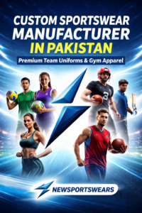 Custom sportswear manufacturer promotional banner by Newsportswears featuring athletes in football, basketball, cricket, volleyball, and fitness apparel with blue lightning logo and bold headline about custom sportswear manufacturing in Pakistan.