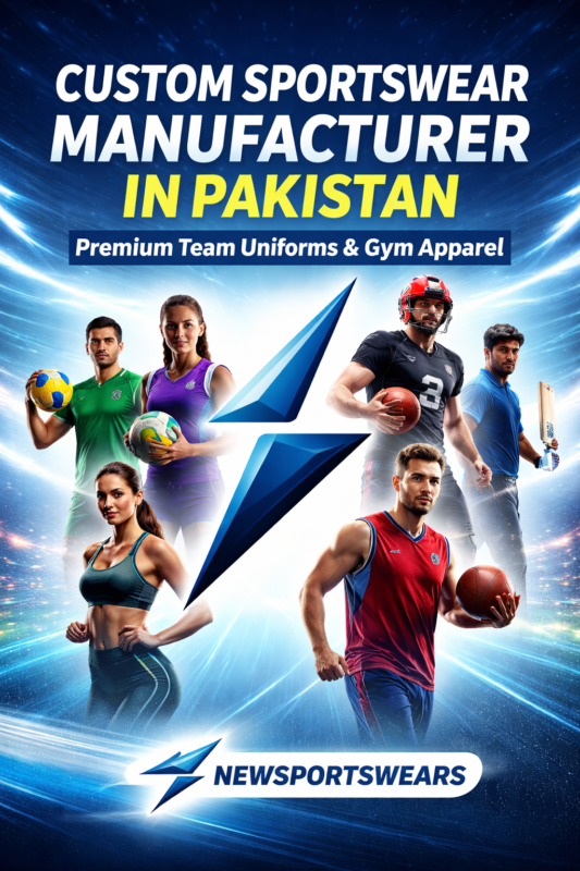Custom sportswear manufacturer promotional banner by Newsportswears featuring athletes in football, basketball, cricket, volleyball, and fitness apparel with blue lightning logo and bold headline about custom sportswear manufacturing in Pakistan.