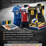 Custom volleyball uniform manufacturer banner featuring professional volleyball jerseys, shorts, team kits, volleyball gear, bulk sportswear products, and Newsportswears.com branding.