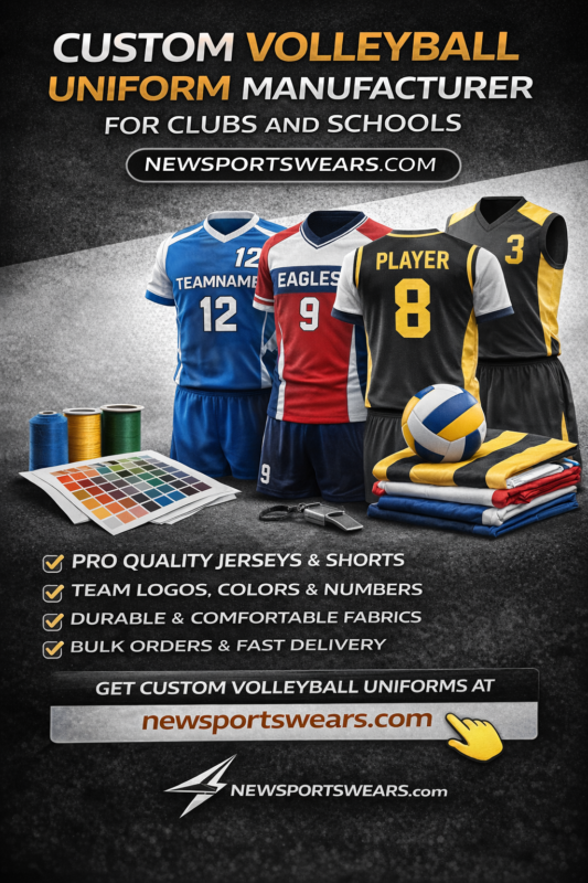 Custom volleyball uniform manufacturer banner featuring professional volleyball jerseys, shorts, team kits, volleyball gear, bulk sportswear products, and Newsportswears.com branding.