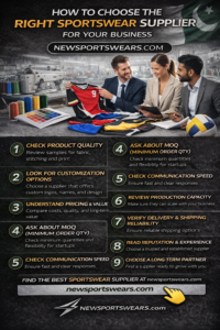How to choose the right sportswear supplier banner featuring business buyers reviewing custom jerseys, factory background, sportswear samples, supplier checklist, and Newsportswears.com branding.