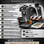 Bulk sportswear orders guide featuring black and white custom jerseys, tracksuits, hoodies, fabric samples, wholesale apparel products, and Newsportswears.com branding.