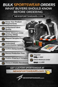 Bulk sportswear orders guide featuring black and white custom jerseys, tracksuits, hoodies, fabric samples, wholesale apparel products, and Newsportswears.com branding.