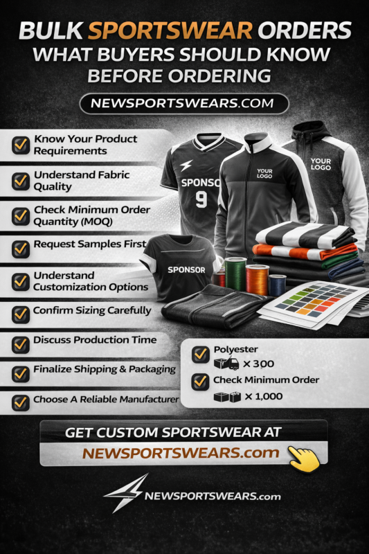 Bulk sportswear orders guide featuring black and white custom jerseys, tracksuits, hoodies, fabric samples, wholesale apparel products, and Newsportswears.com branding.