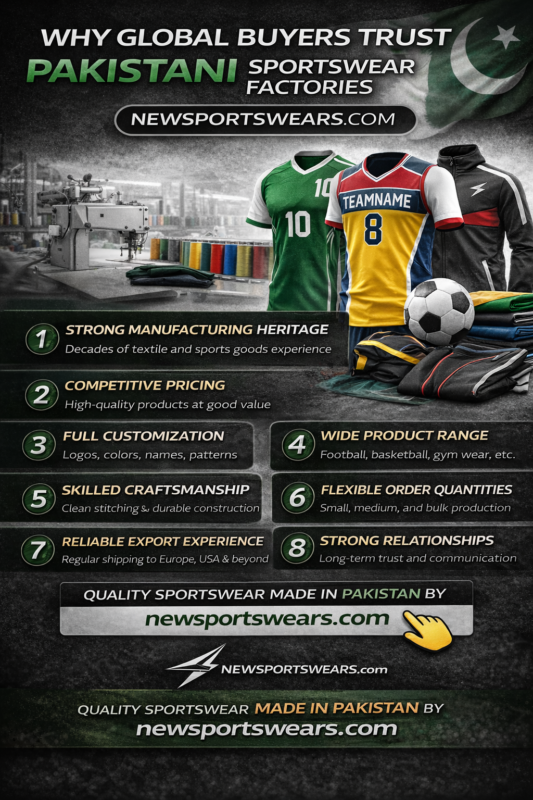 Why global buyers trust Pakistani sportswear factories banner featuring custom jerseys, tracksuits, factory production scene, sportswear products, Pakistan theme design, and Newsportswears.com branding.