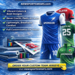 Why sublimation printing is best for team jerseys promotional banner featuring custom football jerseys, sublimation printer, sportswear fabrics, branded team uniforms, and Newsportswears.com logo