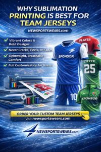 Why sublimation printing is best for team jerseys promotional banner featuring custom football jerseys, sublimation printer, sportswear fabrics, branded team uniforms, and Newsportswears.com logo