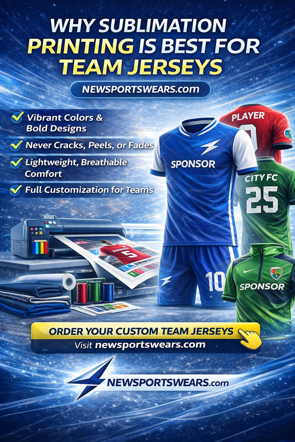 Why sublimation printing is best for team jerseys promotional banner featuring custom football jerseys, sublimation printer, sportswear fabrics, branded team uniforms, and Newsportswears.com logo