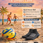 Black beach soccer grip sock standing on golden sand with ocean waves, sunset sky, palm trees, and tropical beach background featuring NewSportsWears logo.