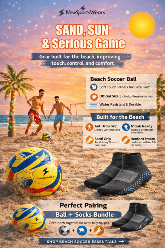 Black beach soccer grip sock standing on golden sand with ocean waves, sunset sky, palm trees, and tropical beach background featuring NewSportsWears logo.