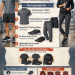 Gym essentials infographic by NewSportsWears showing must-have workout clothing and accessories including performance t-shirt, training shorts, joggers, gym shoes, socks, and zip-up jacket with buying tips.