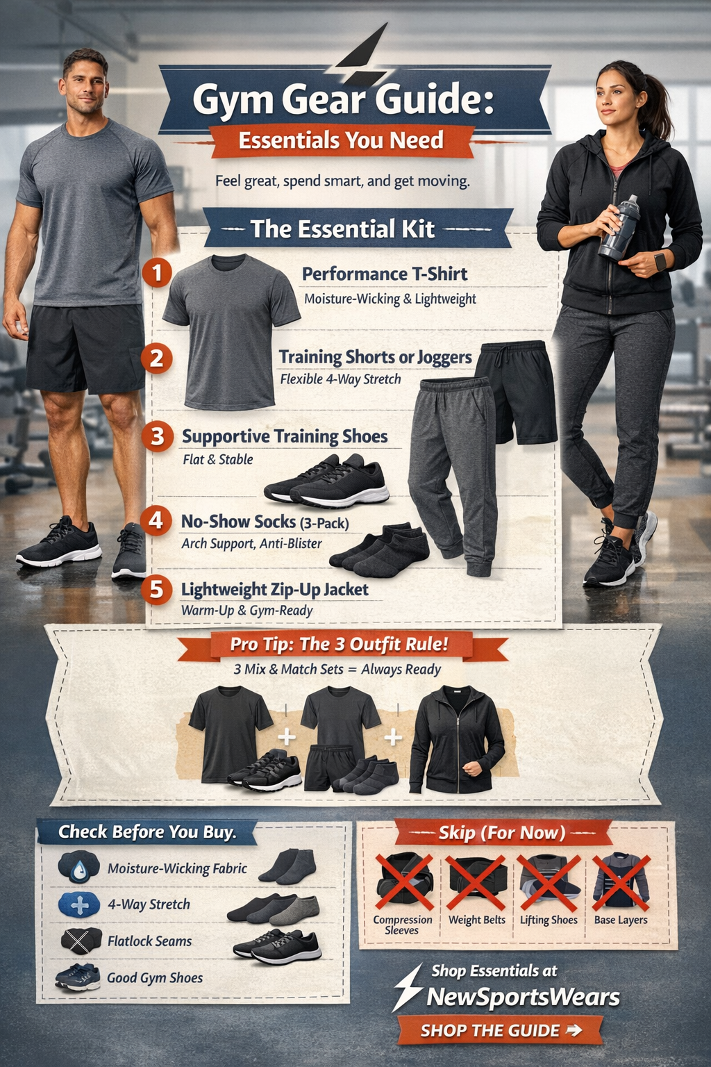 Gym essentials infographic by NewSportsWears showing must-have workout clothing and accessories including performance t-shirt, training shorts, joggers, gym shoes, socks, and zip-up jacket with buying tips.