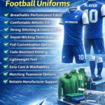 Top 10 features of high-quality football uniforms promotional banner showing custom blue football jersey set, shorts, socks, teamwear apparel, and professional sportswear manufacturing design by Newsportswears.