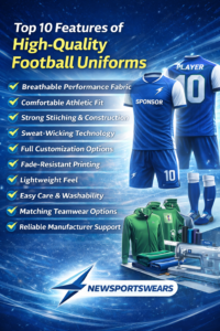 Top 10 features of high-quality football uniforms promotional banner showing custom blue football jersey set, shorts, socks, teamwear apparel, and professional sportswear manufacturing design by Newsportswears.